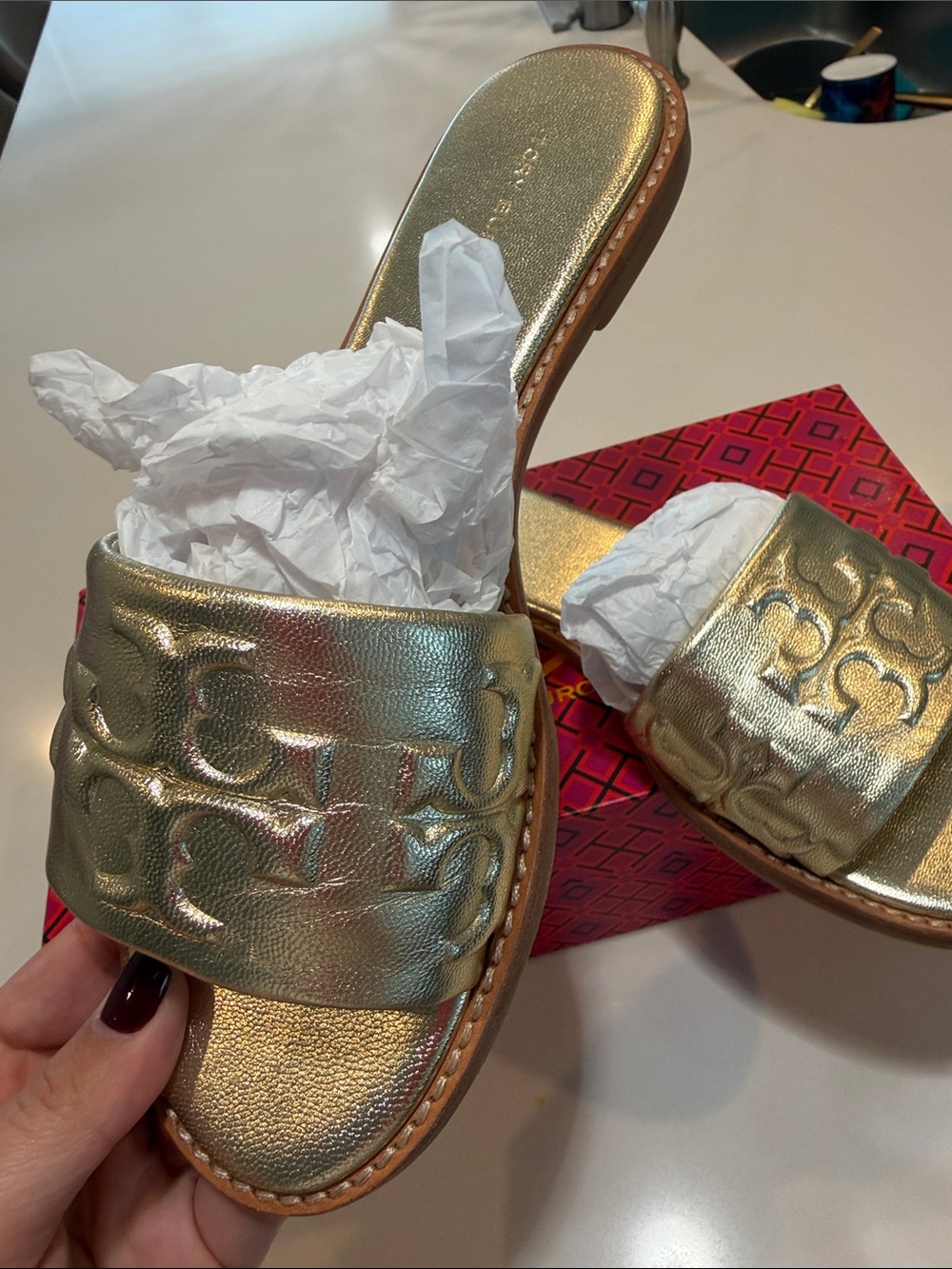 Tory Burch Orginal-Metallic Gold Slide Sandals - Women's Elegant Comfort - Picture 2 of 10